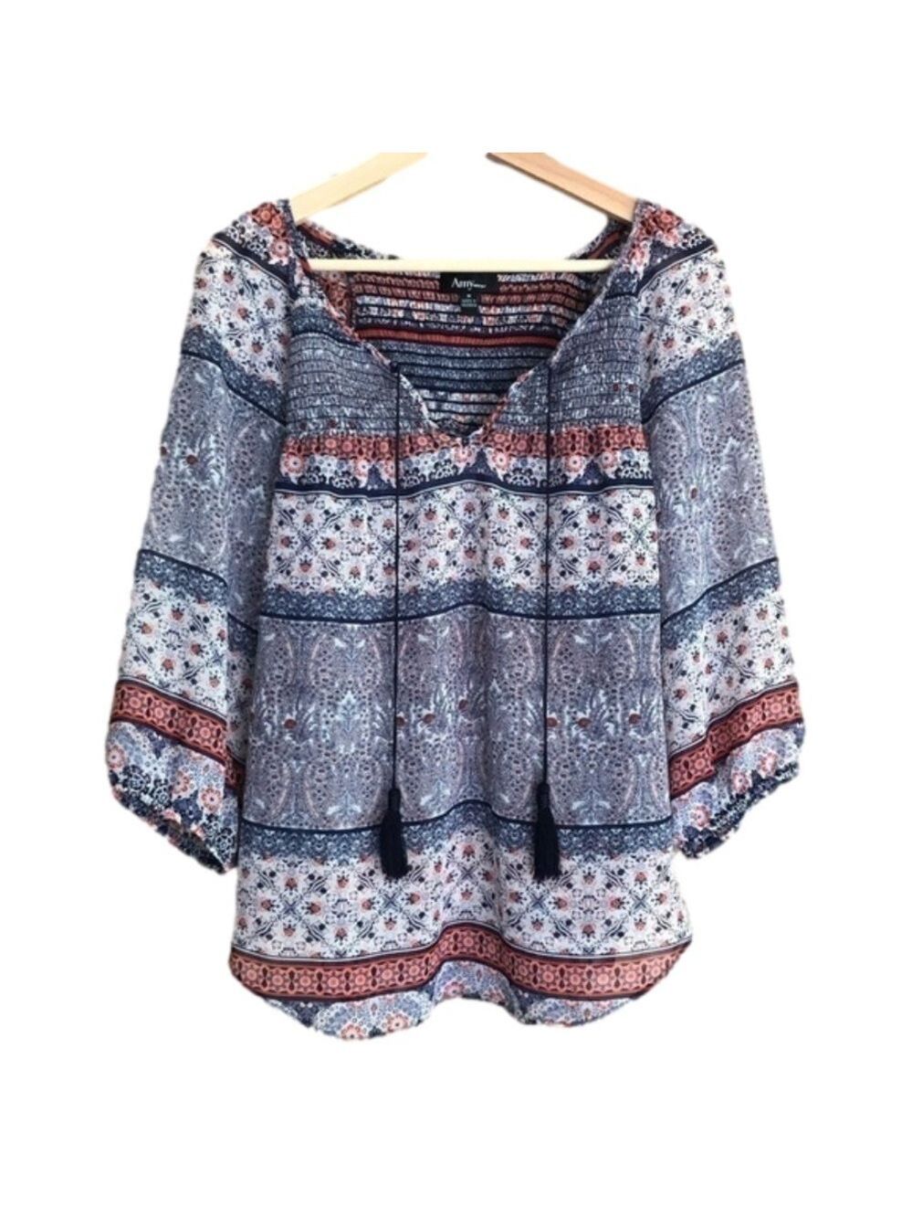 Amy Wear Semi-Sheer Smocked floral Print peasant Blouse Size medium